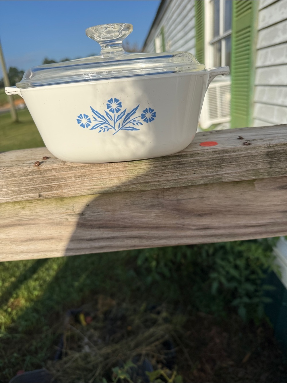 Corningware White Casserole with Blue Floral Pattern and Glass Lid
